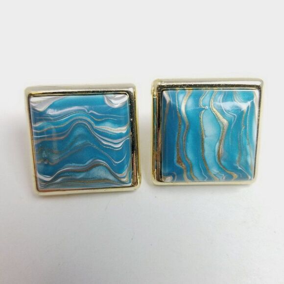 Vintage Blue Marbled Design Square Stud Earrings, Retro 80s Style, Estate - Picture 6 of 6